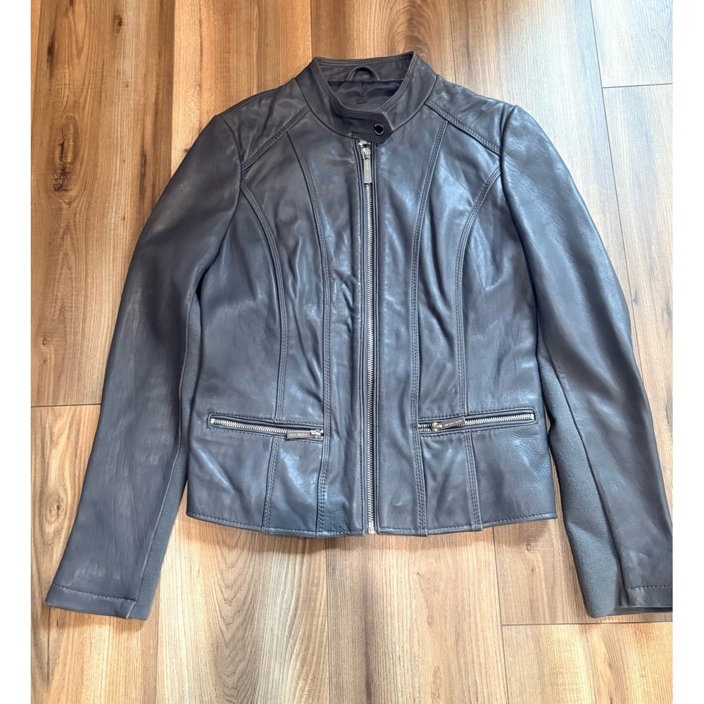 Michael Michael Kors Dark Gray Leather Moto‎ Jacket Women's Small Silver Coat